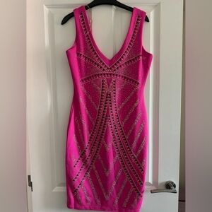 Lipsy Hot Pink Studded V-Neck Bodycon Dress